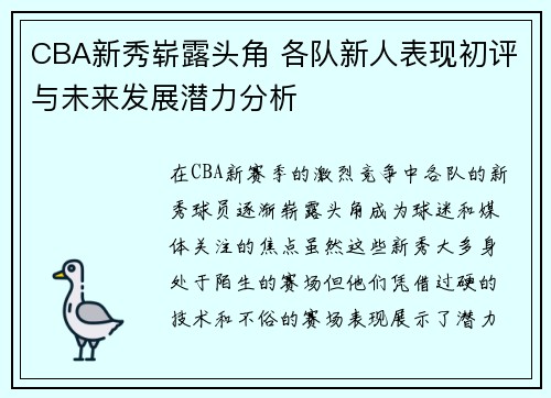 CBA新秀崭露头角 各队新人表现初评与未来发展潜力分析