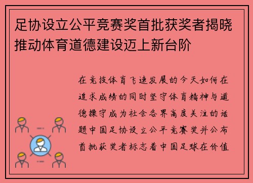 足协设立公平竞赛奖首批获奖者揭晓推动体育道德建设迈上新台阶